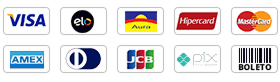 Formas de Pagamento: Visa, Elo, Aura, Hipercard, Mastercard, Amex, Diners, JCB, Pix, Boleto